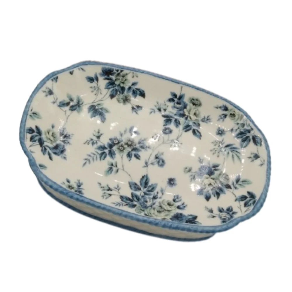 Springs Garden Room Basketweave Blue Roses Floral Porcelain Soap Dish